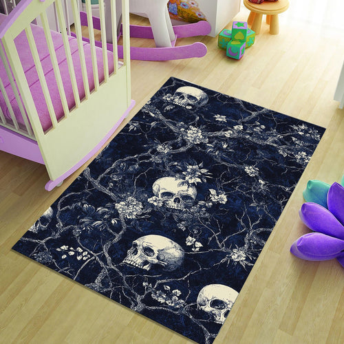 Skull Rug, Dark Blue Rug, Floral Cottagecore Flowers, Floral