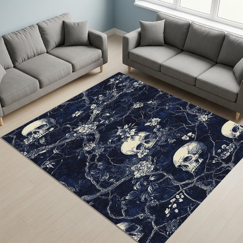 Skull Rug, Dark Blue Rug, Floral Cottagecore Flowers, Floral