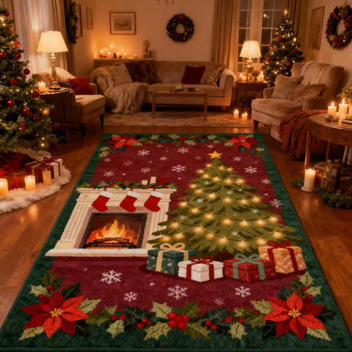 Traditional Christmas Rug, Red Holiday Area Rug, Vintage Xmas