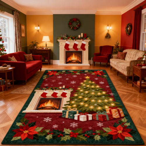 Traditional Christmas Rug, Red Holiday Area Rug, Vintage Xmas