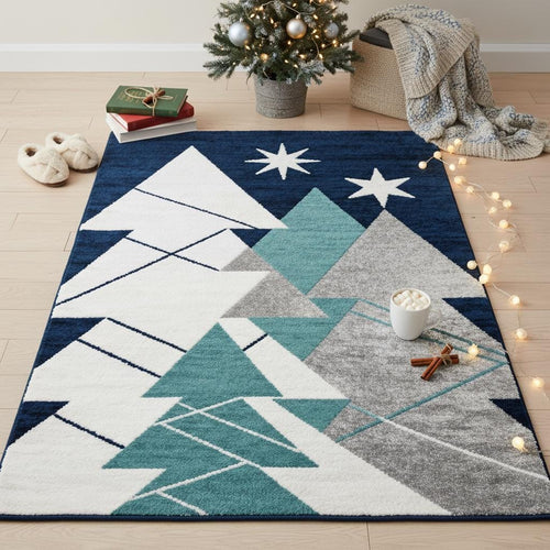 Navy Blue Christmas Rug, Modern Holiday Decor, Geometric Trees