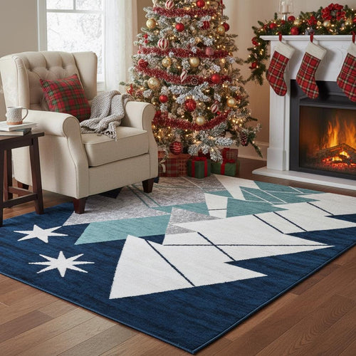 Navy Blue Christmas Rug, Modern Holiday Decor, Geometric Trees