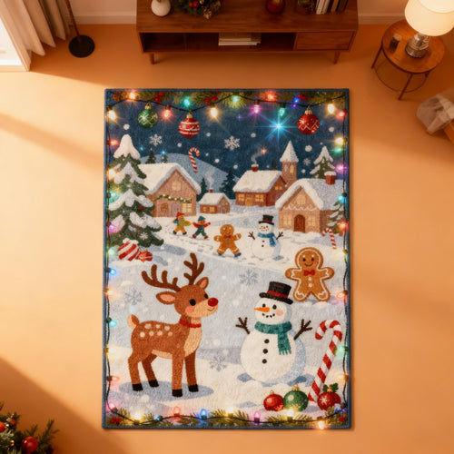 Cute Christmas Rug, Whimsical Holiday Area Rug, Kawaii Winter