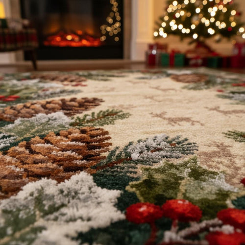 Rustic Christmas Rug, Winter Cabin Area Rug, Pinecone and Deer