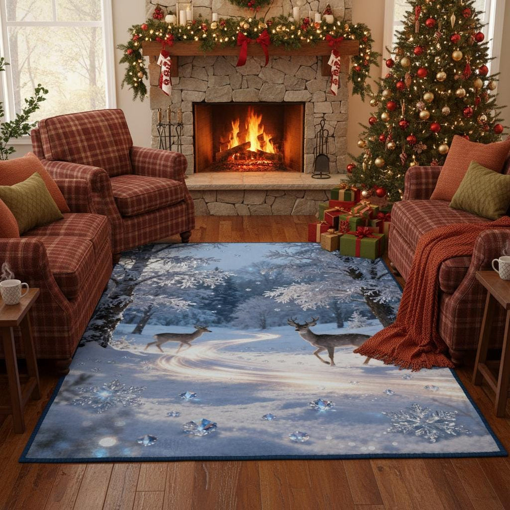 Magical Winter Rug, Snowy Forest Deer Carpet