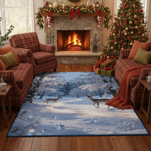 Magical Winter Rug, Snowy Forest Deer Carpet