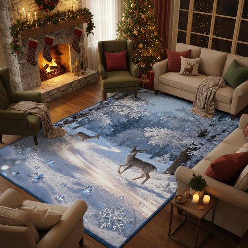 Magical Winter Rug, Snowy Forest Deer Carpet