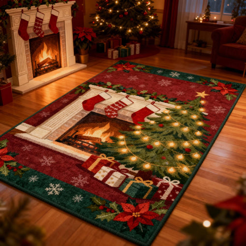 Traditional Christmas Rug, Red and Green Holiday Carpet