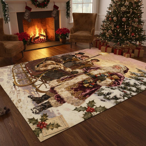 Vintage Christmas Rug, Victorian Santa Claus Carpet
