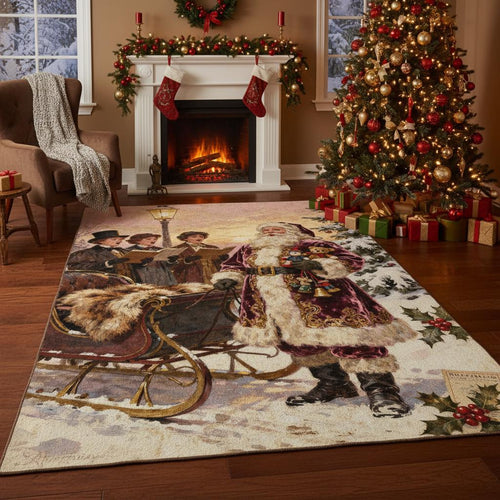 Vintage Christmas Rug, Victorian Santa Claus Carpet