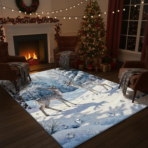 Magical Winter Rug, Snowy Forest Deer Carpet
