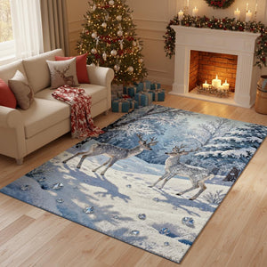 Magical Winter Rug, Snowy Forest Deer Carpet