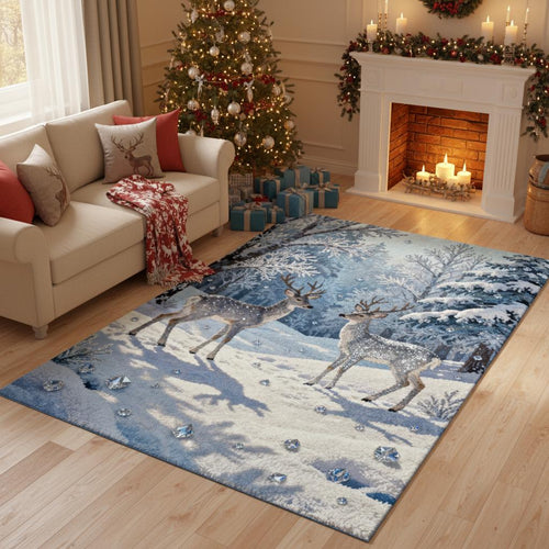 Magical Winter Rug, Snowy Forest Deer Carpet
