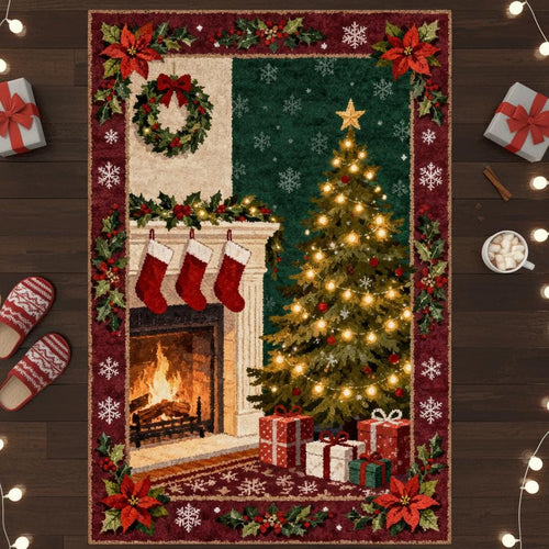 Vintage Christmas Tree Fireplace Rug, Holiday Home Decor
