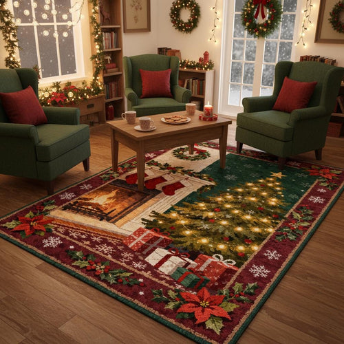 Vintage Christmas Tree Fireplace Rug, Holiday Home Decor