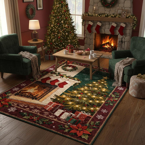 Vintage Christmas Tree Fireplace Rug, Holiday Home Decor