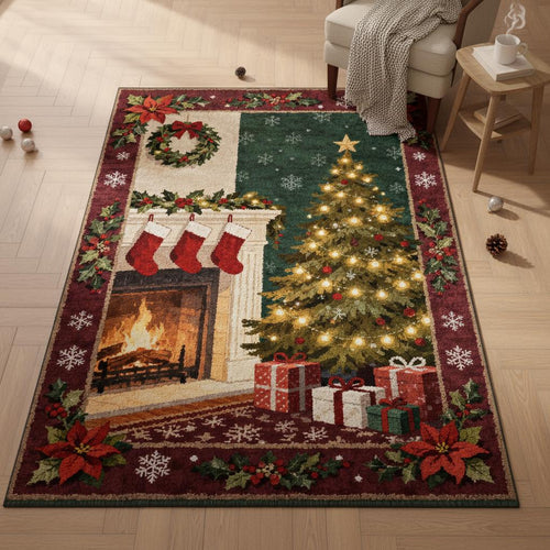 Vintage Christmas Tree Fireplace Rug, Holiday Home Decor