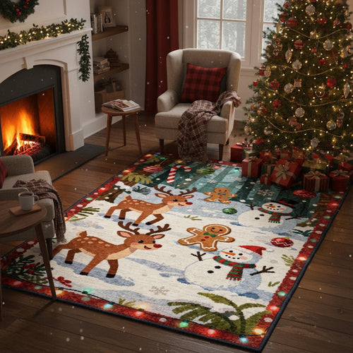 Christmas Rug, Whimsical Reindeer Snowman, Holiday Floor Mat
