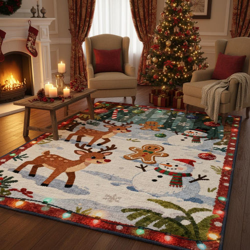 Christmas Rug, Whimsical Reindeer Snowman, Holiday Floor Mat