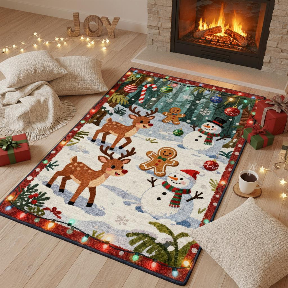 Christmas Rug, Whimsical Reindeer Snowman, Holiday Floor Mat