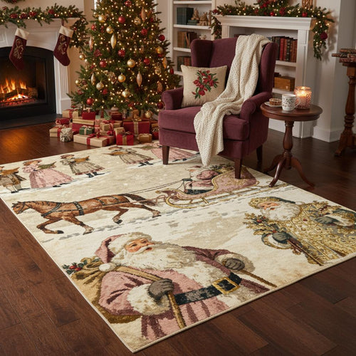 Vintage Santa Sleigh Christmas Rug, Farmhouse Holiday Decor