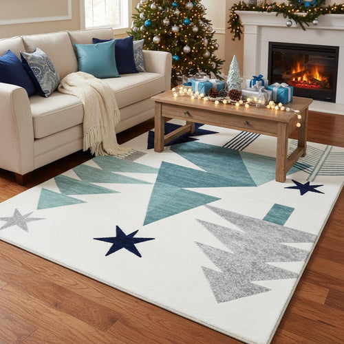 Modern Christmas Rug, Geometric Tree Print, Non-Slip Winter