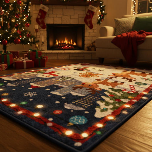 Kawaii Christmas Rug, Winter City Snowman, Kids Holiday Carpet