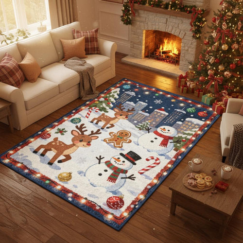 Kawaii Christmas Rug, Winter City Snowman, Kids Holiday Carpet