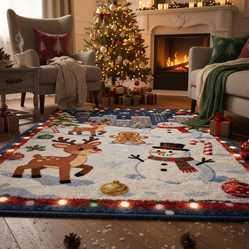 Kawaii Christmas Rug, Winter City Snowman, Kids Holiday Carpet