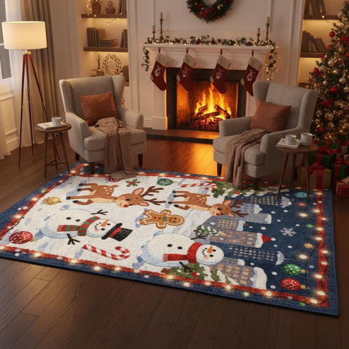 Kawaii Christmas Rug, Winter City Snowman, Kids Holiday Carpet