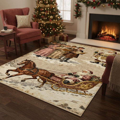 Vintage Santa Sleigh Rug, Victorian Christmas Decor, Non-Slip