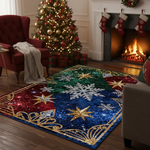 Glam Christmas Area Rug, Glitter Snowflake Design, Non-Slip Floor