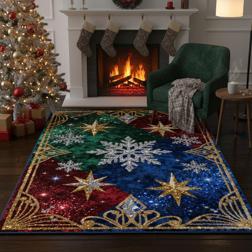 Glam Christmas Area Rug, Glitter Snowflake Design, Non-Slip Floor