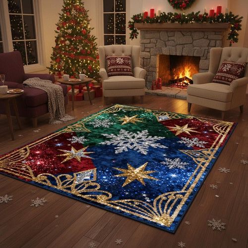 Glam Christmas Area Rug, Glitter Snowflake Design, Non-Slip Floor