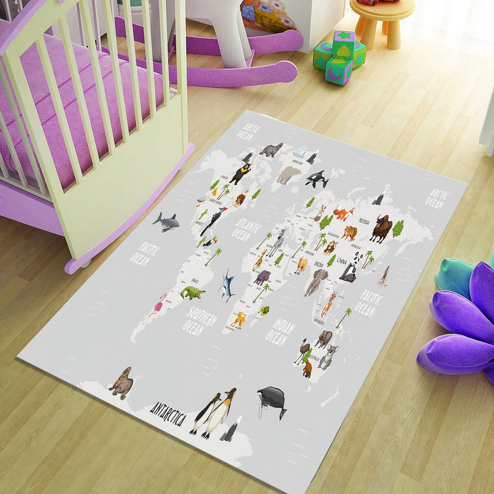 World Animal Map Rug, Cotton Play Mat, Nursery Decor