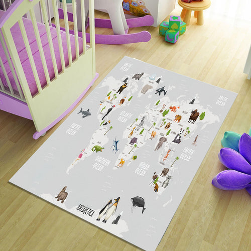 World Animal Map Rug, Cotton Play Mat, Nursery Decor