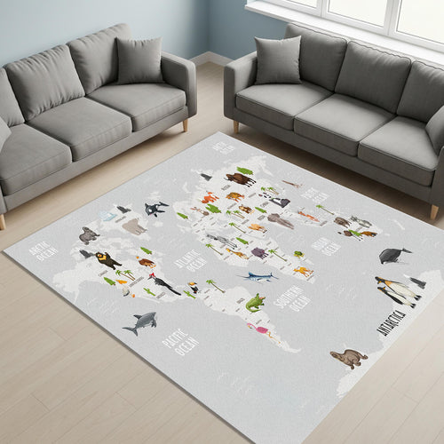 World Animal Map Rug, Cotton Play Mat, Nursery Decor