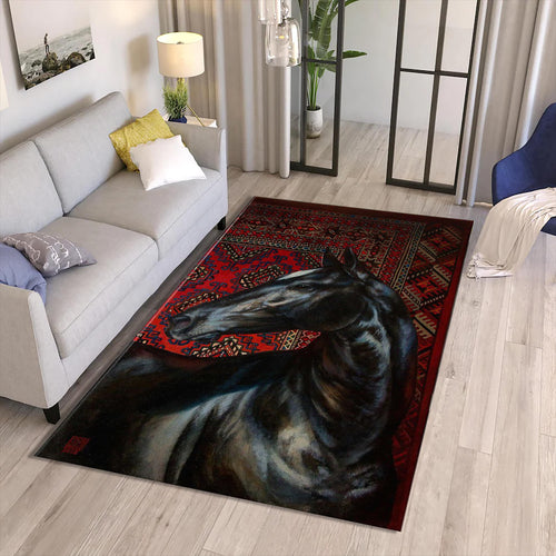 Horse Art Rug, Oriental Style Carpet, Rustic Home Decor