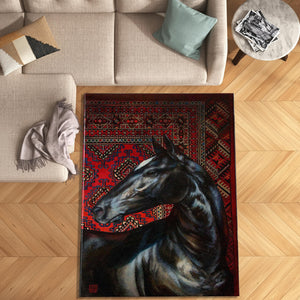 Horse Art Rug, Oriental Style Carpet, Rustic Home Decor