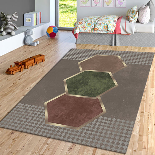 Abstract Hexagon Rug, Gilded Edges, Modern Geometric Art