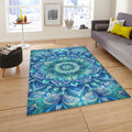 Blue Mandala Rug, Non-Slip Boho Carpet, Zen Decor