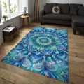 Blue Mandala Rug, Non-Slip Boho Carpet, Zen Decor
