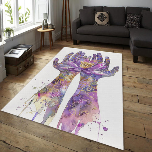 Lotus Flower Hands Area Rug, Spiritual Meditation Carpet, Purple