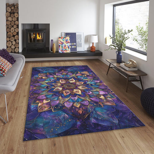 Purple Gold Mandala Rug, Spiritual Zen Decor, Non-Slip Carpet