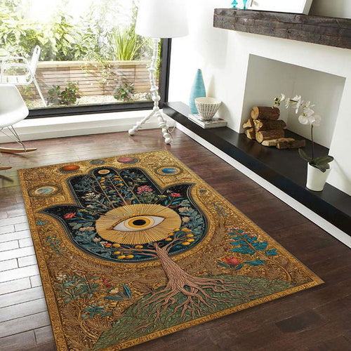 Hamsa Hand Area Rug, Evil Eye Decor, Tree of Life, Non-Slip Floor