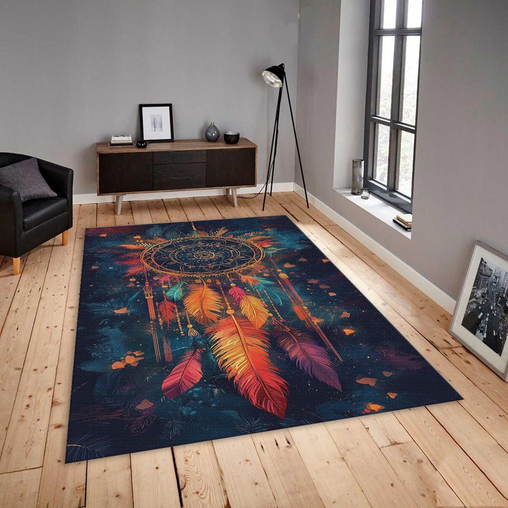 Boho Dreamcatcher Area Rug, Colorful Feather Art, Non-Slip Carpet