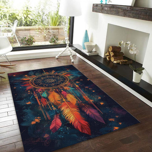Boho Dreamcatcher Area Rug, Colorful Feather Art, Non-Slip Carpet