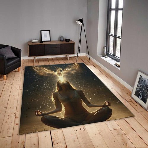 Spiritual Phoenix Area Rug, Gold Meditation Decor, Non-Slip