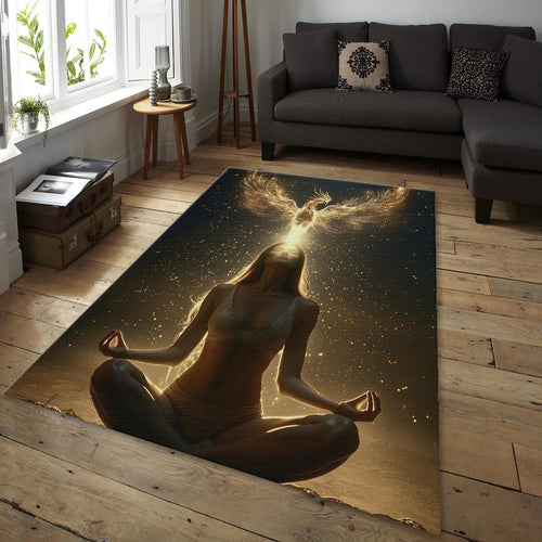 Spiritual Phoenix Area Rug, Gold Meditation Decor, Non-Slip
