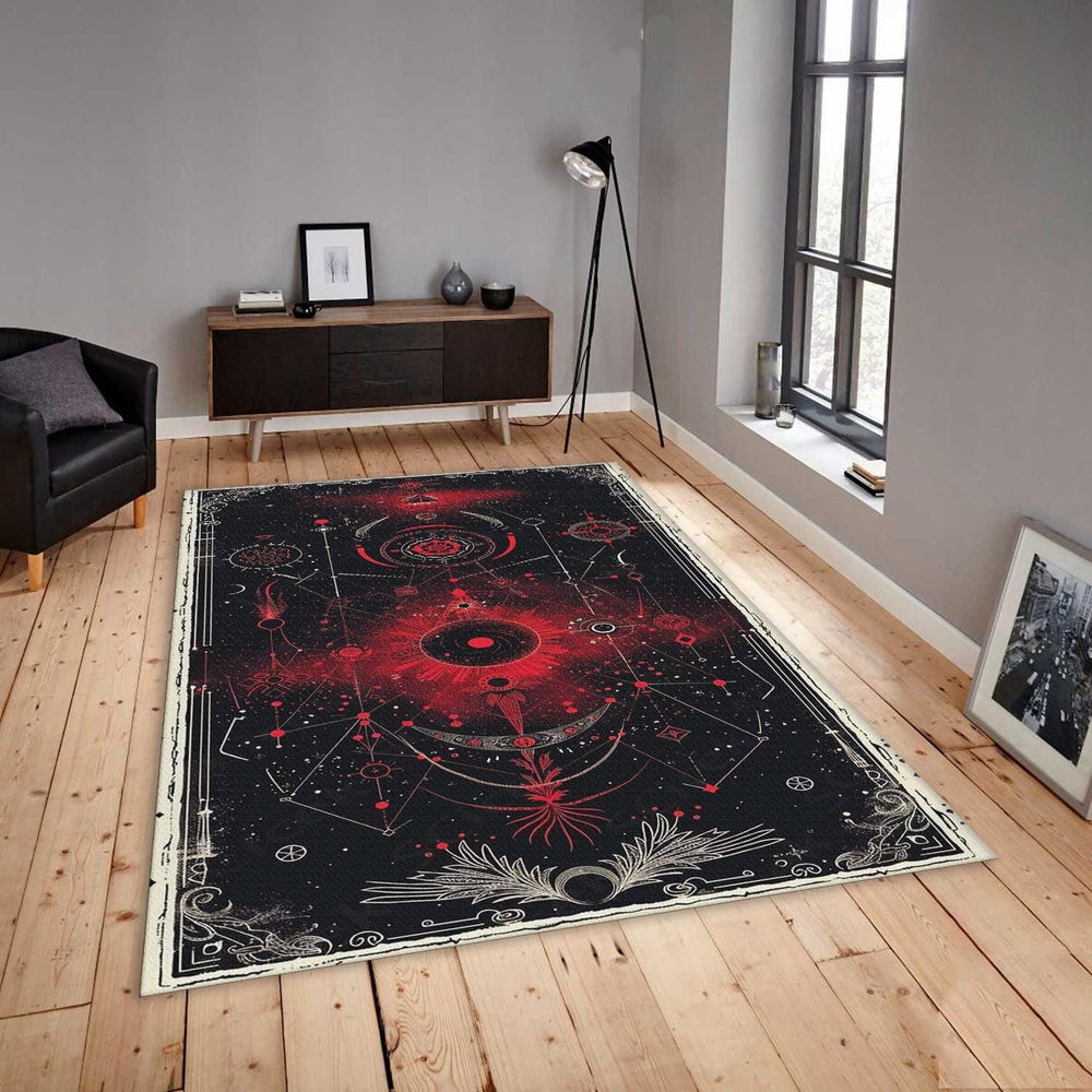 Goth Occult Area Rug, Red Black Sacred Geometry, Non-Slip Floor
